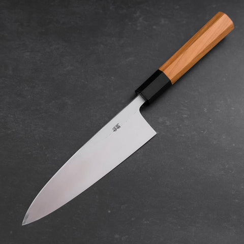 Aideba Blue Steel #1 Hon-Kasumi Büffelhorn und Teak Griff 165mm-[Musashi]-[Japan-Küchenmesser]