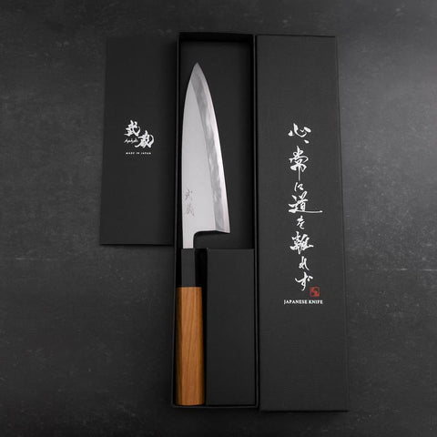 Aideba Blue Steel #1 Hon-Kasumi Büffelhorn und Teak Griff 165mm-[Musashi]-[Japan-Küchenmesser]