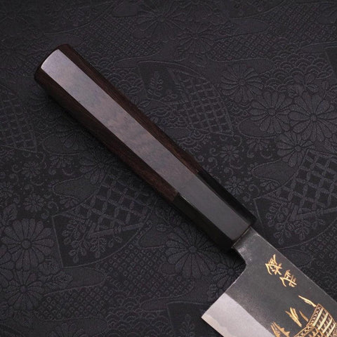Bunka Blue Steel #2 Kurouchi Chokin "Samurai Im Vollmond" Büffelhorn und Ebenholz Griff 175mm-[Musashi]-[Japan-Küchenmesser]