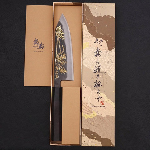 Bunka Blue Steel #2 Kurouchi Chokin "Tiger Im Bambus" Büffelhorn und Ebenholz Griff 175mm-[Musashi]-[Japan-Küchenmesser]