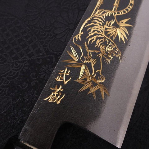 Bunka Blue Steel #2 Kurouchi Chokin "Tiger Im Bambus" Büffelhorn und Ebenholz Griff 175mm-[Musashi]-[Japan-Küchenmesser]