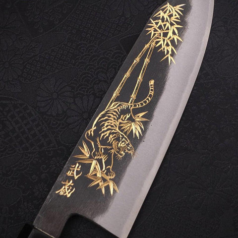 Bunka Blue Steel #2 Kurouchi Chokin "Tiger Im Bambus" Büffelhorn und Ebenholz Griff 175mm-[Musashi]-[Japan-Küchenmesser]
