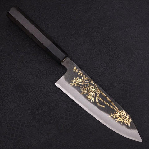 Bunka Blue Steel #2, Kurouchi Chokin "Tiger im Bambus" Büffelhorn und Ebenholz Griff, 175mm-[Musashi]-[Japan-Küchenmesser]