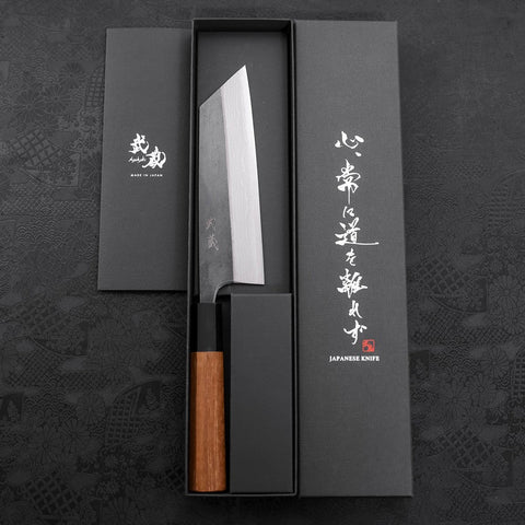 Bunka Blue Steel #2 Kurouchi Damast Büffelhorn und Teakholz Griff 165mm-[Musashi]-[Japan-Küchenmesser]