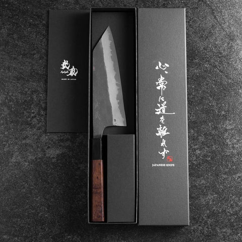 Bunka Blue Super Kurouchi Damast Büffelhorn und Walnussholz Griff 165mm-[Musashi]-[Japan-Küchenmesser]