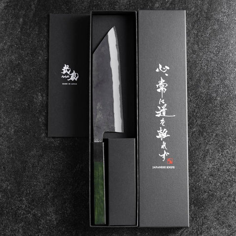 Bunka Edelstahlummantelung Blue Steel #2 Kurouchi Grüner Urushi Griff 170mm-[Musashi]-[Japan-Küchenmesser]
