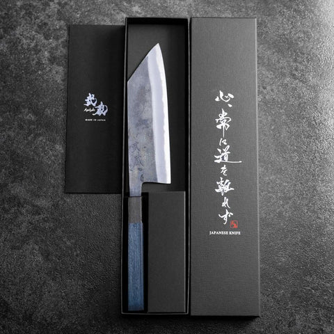 Bunka Edelstahlummantelung Blue Super Kurouchi Blauer Urushi Griff 170mm-[Musashi]-[Japan-Küchenmesser]