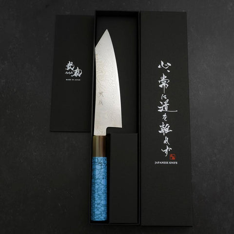 Bunka Silver Steel #3 Damast Büffelhorn-Türkis Griff 180mm-[Musashi]-[Japan-Küchenmesser]