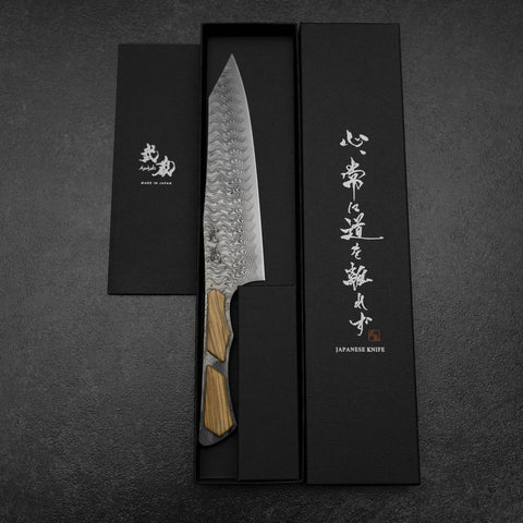 Bunka VG-10 Kagami Damast Olivenholz Griff 180mm - Schwarz-[Musashi]-[Japan-Küchenmesser]