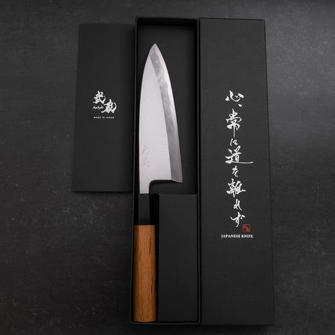 Deba Blue Steel #1 Hon-Kasumi Büffelhorn und Teakholz Griff 165mm-[Musashi]-[Japan-Küchenmesser]