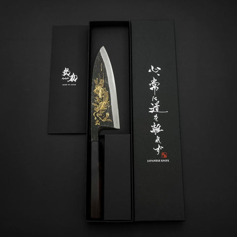 Deba Blue Steel #2 Kurouchi Chokin Dragon Buffalo Ebony Handle 150mm-[Musashi]-[Japan-Küchenmesser]