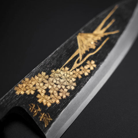 Deba Blue Steel #2 Kurouchi Chokin Sakura-Fuji Büffelhorn und Ebenholz Griff 170mm-[Musashi]-[Japan-Küchenmesser]