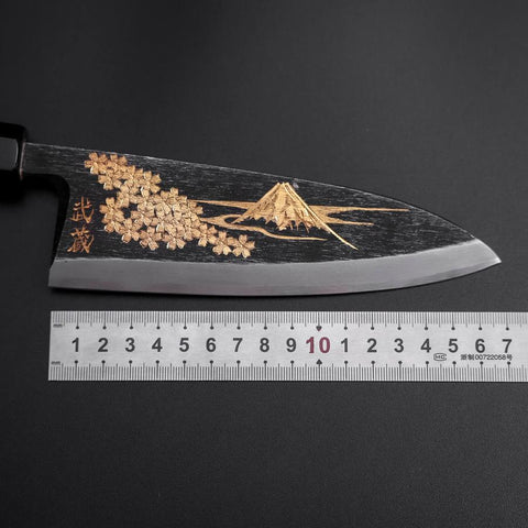 Deba Blue Steel #2 Kurouchi Chokin Sakura-Fuji Büffelhorn und Ebenholz Griff 170mm-[Musashi]-[Japan-Küchenmesser]