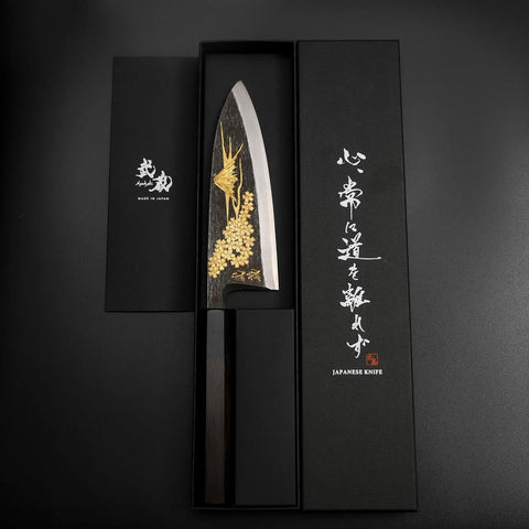 Deba Blue Steel #2 Kurouchi Chokin Sakura-Fuji Büffelhorn und Ebenholz Griff 170mm-[Musashi]-[Japan-Küchenmesser]