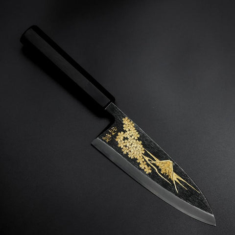 Deba Blue Steel #2 Kurouchi Chokin Sakura-Fuji Büffelhorn und Ebenholz Griff 170mm-[Musashi]-[Japan-Küchenmesser]
