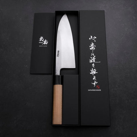 Deba Linkshand White Steel #2 Kurouchi Tsuchime Kirschholz Griff 180mm-[Musashi]-[Japan-Küchenmesser]
