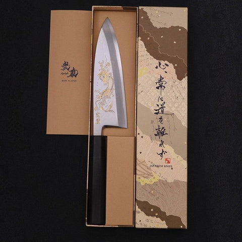 Deba White Steel #2 Kasumi Chokin "Drache" Büffelhorn und Ebenholz Griff 180mm-[Musashi]-[Japan-Küchenmesser]