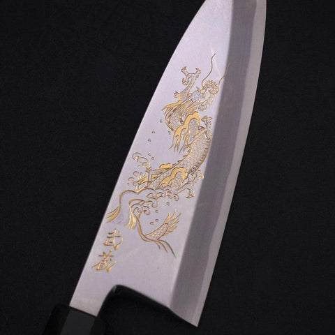 Deba White Steel #2, Kasumi Chokin "Drache" Büffelhorn und Ebenholz Griff, 180mm-[Musashi]-[Japan-Küchenmesser]