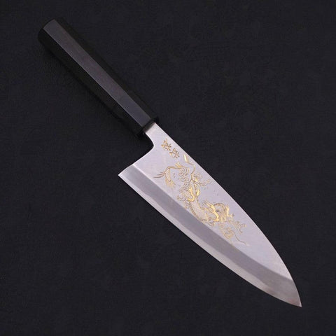 Deba White Steel #2, Kasumi Chokin "Drache" Büffelhorn und Ebenholz Griff, 180mm-[Musashi]-[Japan-Küchenmesser]