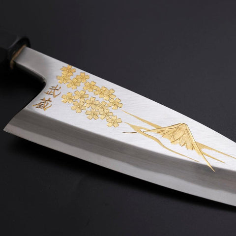 Deba White Steel #2 Kasumi Chokin Gold Sakura-Fuji Büffelhorn und Ebenholz Griff 150mm-[Musashi]-[Japan-Küchenmesser]