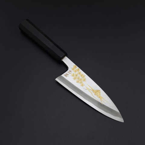 Deba White Steel #2 Kasumi Chokin Gold Sakura-Fuji Büffelhorn und Ebenholz Griff 150mm-[Musashi]-[Japan-Küchenmesser]