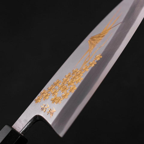 Deba White Steel #2, Kasumi Chokin "Sakura-Fuji" Büffelhorn und Ebenholz Griff, 165mm-[Musashi]-[Japan-Küchenmesser]