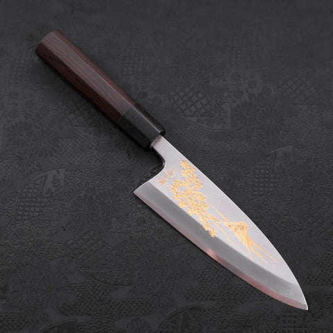 Deba White Steel #2, Kasumi Chokin "Sakura-Fuji" Büffelhorn und Ebenholz Griff, 165mm-[Musashi]-[Japan-Küchenmesser]