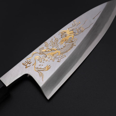Deba White Steel #2 Kasumi Chokin Silber Drache Büffelhorn und Ebenholz Griff 150mm-[Musashi]-[Japan-Küchenmesser]