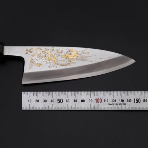 Deba White Steel #2 Kasumi Chokin Silber Drache Büffelhorn und Ebenholz Griff 150mm-[Musashi]-[Japan-Küchenmesser]
