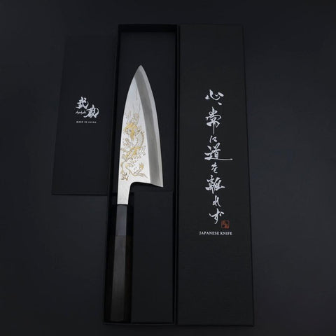 Deba White Steel #2 Kasumi Chokin Silber Drache Büffelhorn und Ebenholz Griff 150mm-[Musashi]-[Japan-Küchenmesser]