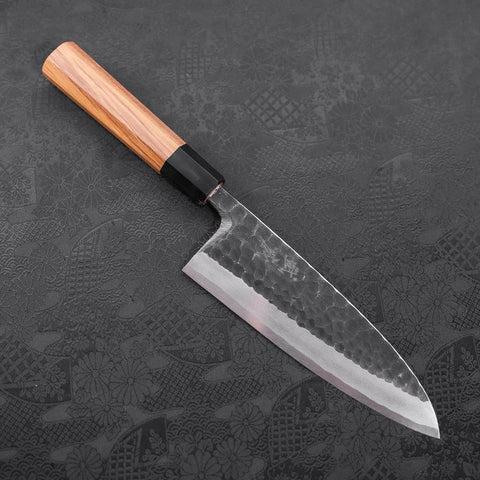 Deba White Steel #2 Kurouchi Tsuchime Büffelhorn und Teakholz Griff 180mm-[Musashi]-[Japan-Küchenmesser]