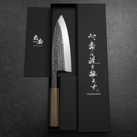 Deba White Steel #2 Kurouchi Tsuchime Walnussholz Griff 165mm-[Musashi]-[Japan-Küchenmesser]