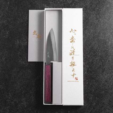 Funayuki Blue Steel #1 Kurouchi Lila Urushi Griff 105mm-[Musashi]-[Japan-Küchenmesser]