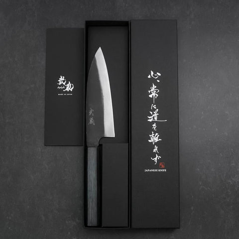 Funayuki Sabaki Blue Steel #1 Kurouchi Büffelhorn und Ebenholz Griff 180mm-[Musashi]-[Japan-Küchenmesser]