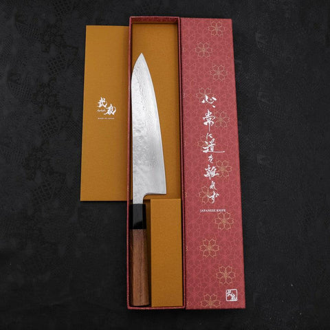 Gyuto AUS-10 Kagami Tsuchime Damast Büffelhorn und Teakholz Griff 210mm-[Musashi]-[Japan-Küchenmesser]