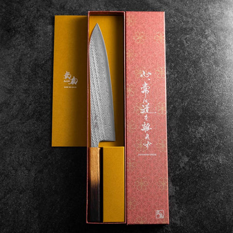 Gyuto AUS-10 Nawame Damast Yaki Urushi Griff 240mm-[Musashi]-[Japan-Küchenmesser]