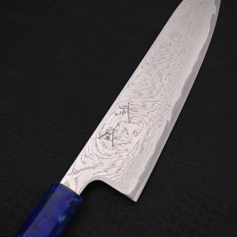 Gyuto AUS-10, Wellen-Nickel Damast Ozeanplastik Griff in Blau, 180mm-[Musashi]-[Japan-Küchenmesser]