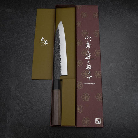 Gyuto AUS-8 Kurouchi Tsuchime Walnuss- und Rosenholz Griff 200mm-[Musashi]-[Japan-Küchenmesser]