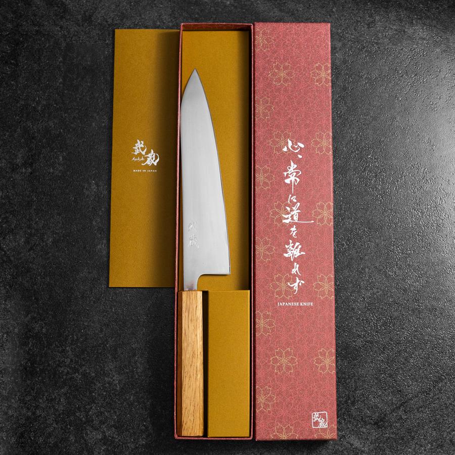 Gyuto AUS-8 Polished Oak Handle 210mm (8.3”)-[Musashi]-[Japanese-Kitchen-Knives]