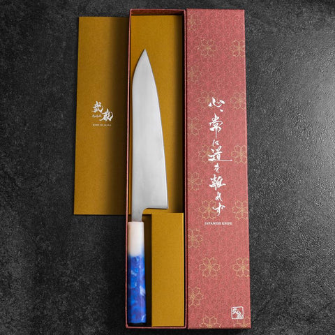 Gyuto AUS-8 Poliert Weiß-Blauer Ozeanplastik Griff 210mm-[Musashi]-[Japan-Küchenmesser]
