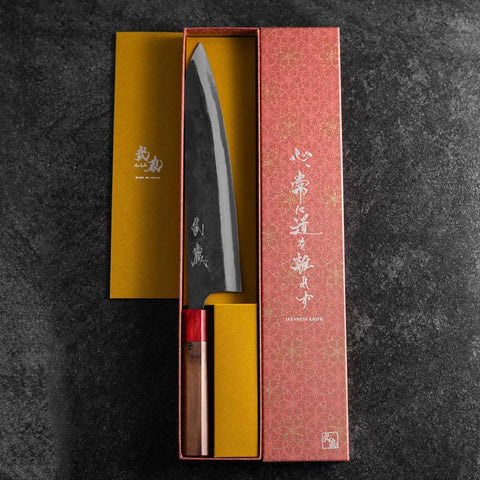 Gyuto Blue Steel #1 Kurouchi Roter Walnussholz Griff 240mm-[Musashi]-[Japan-Küchenmesser]