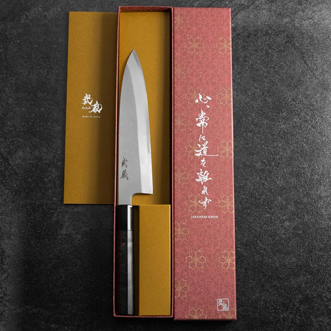Gyuto Blue Steel #1 Suminagashi Büffelhorn und Ebenholz Griff 200mm-[Musashi]-[Japan-Küchenmesser]