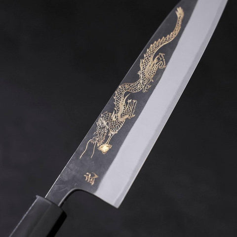 Gyuto Blue Steel #2 Edelstahlummantelung, Kurouchi Chokin "Drache" Büffelhorn und Ebenholz, 180mm-[Musashi]-[Japan-Küchenmesser]