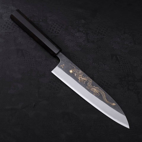 Gyuto Blue Steel #2 Edelstahlummantelung, Kurouchi Chokin "Drache" Büffelhorn und Ebenholz, 180mm-[Musashi]-[Japan-Küchenmesser]