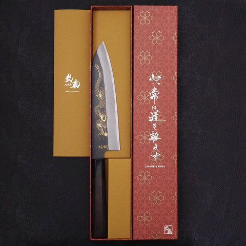 Gyuto Blue Steel #2 Kurouchi Chokin "Drache" Büffelhorn und Ebenholz Griff 210mm-[Musashi]-[Japan-Küchenmesser]