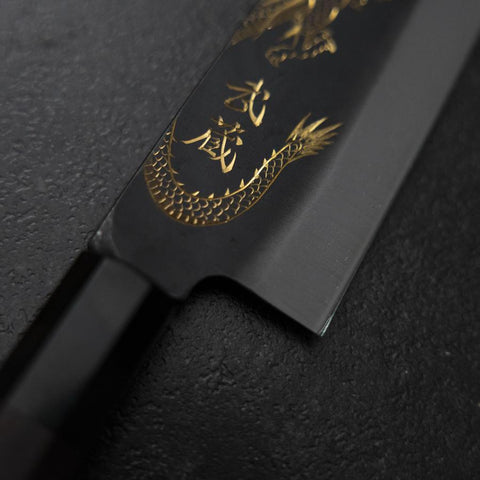 Gyuto Blue Steel #2 Kurouchi Chokin Drache Büffelhorn und Ebenholz Griff 210mm (Asamura)-[Musashi]-[Japan-Küchenmesser]