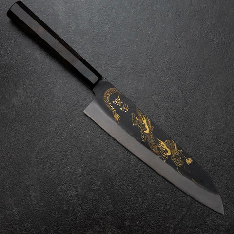 Gyuto Blue Steel #2 Kurouchi Chokin Drache Büffelhorn und Ebenholz Griff 210mm (Asamura)-[Musashi]-[Japan-Küchenmesser]