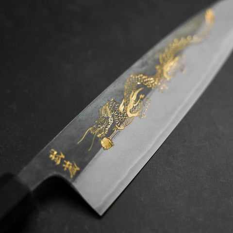 Gyuto Blue Steel #2 Kurouchi Chokin „Drache“ Büffelhorn und Ebenholz Griff 210mm-[Musashi]-[Japan-Küchenmesser]