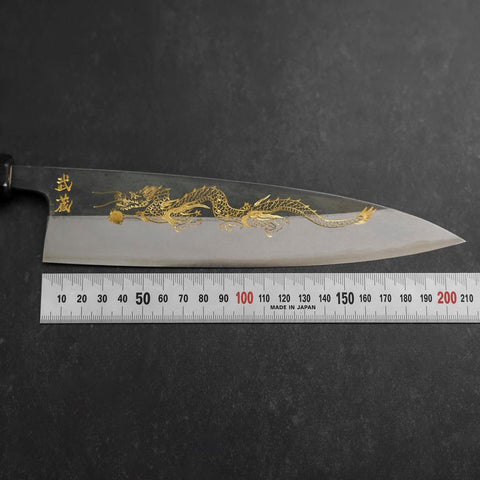 Gyuto Blue Steel #2 Kurouchi Chokin „Drache“ Büffelhorn und Ebenholz Griff 210mm-[Musashi]-[Japan-Küchenmesser]