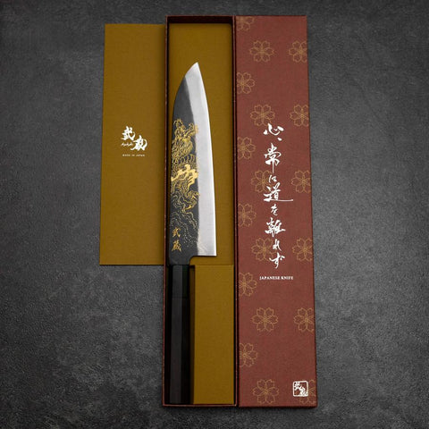 Gyuto Blue Steel #2 Kurouchi Chokin Drache Büffelhorn und Ebenholz Griff 210mm-[Musashi]-[Japan-Küchenmesser]